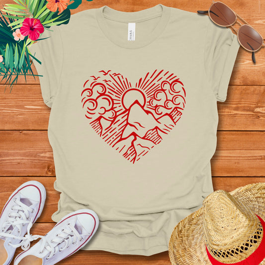 Mountain Sun and Clouds Red Heart T-Shirt